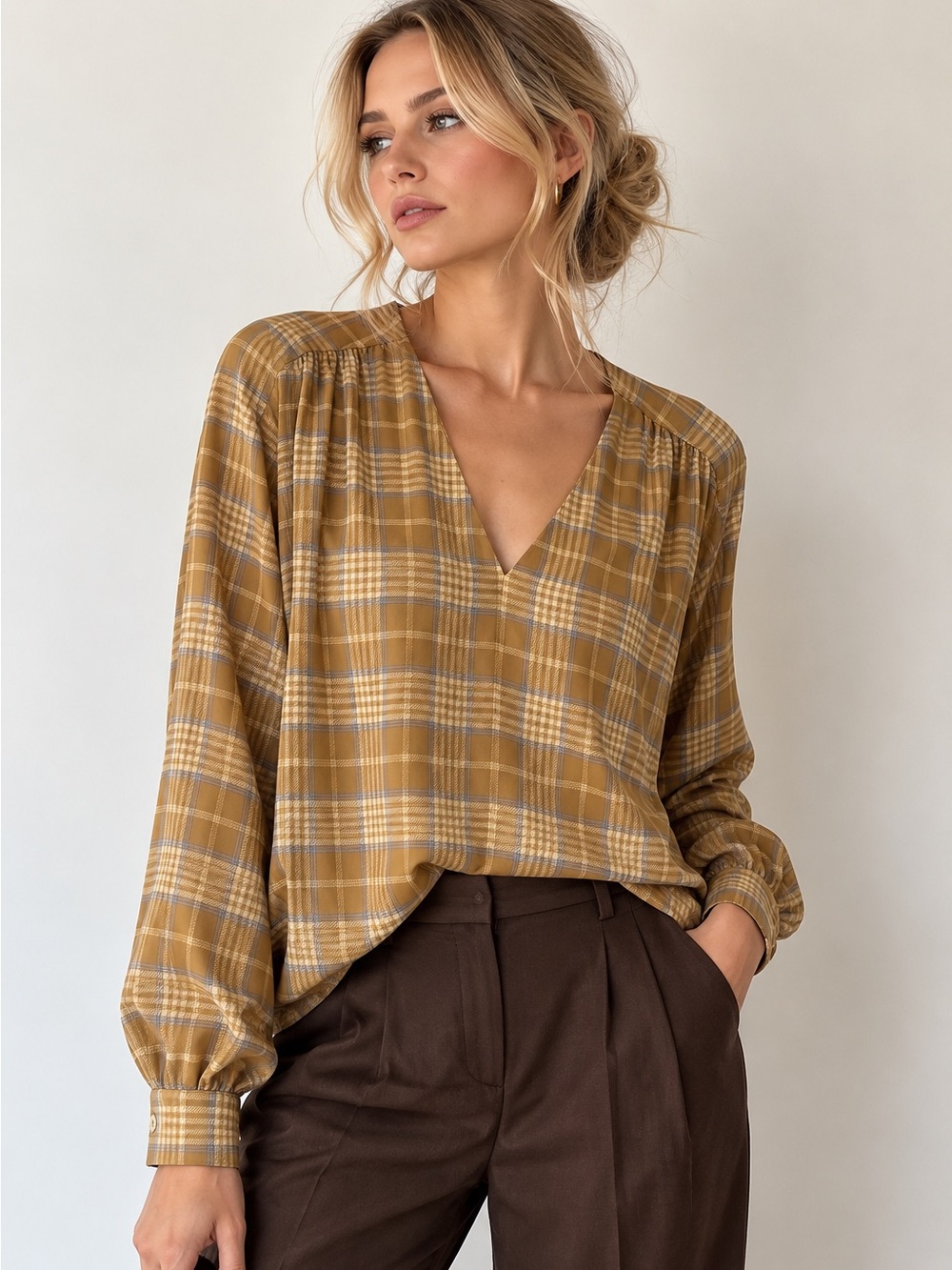 Wilfred 100% Silk Plaid Blouse Camel Long Sleeve V Neck L